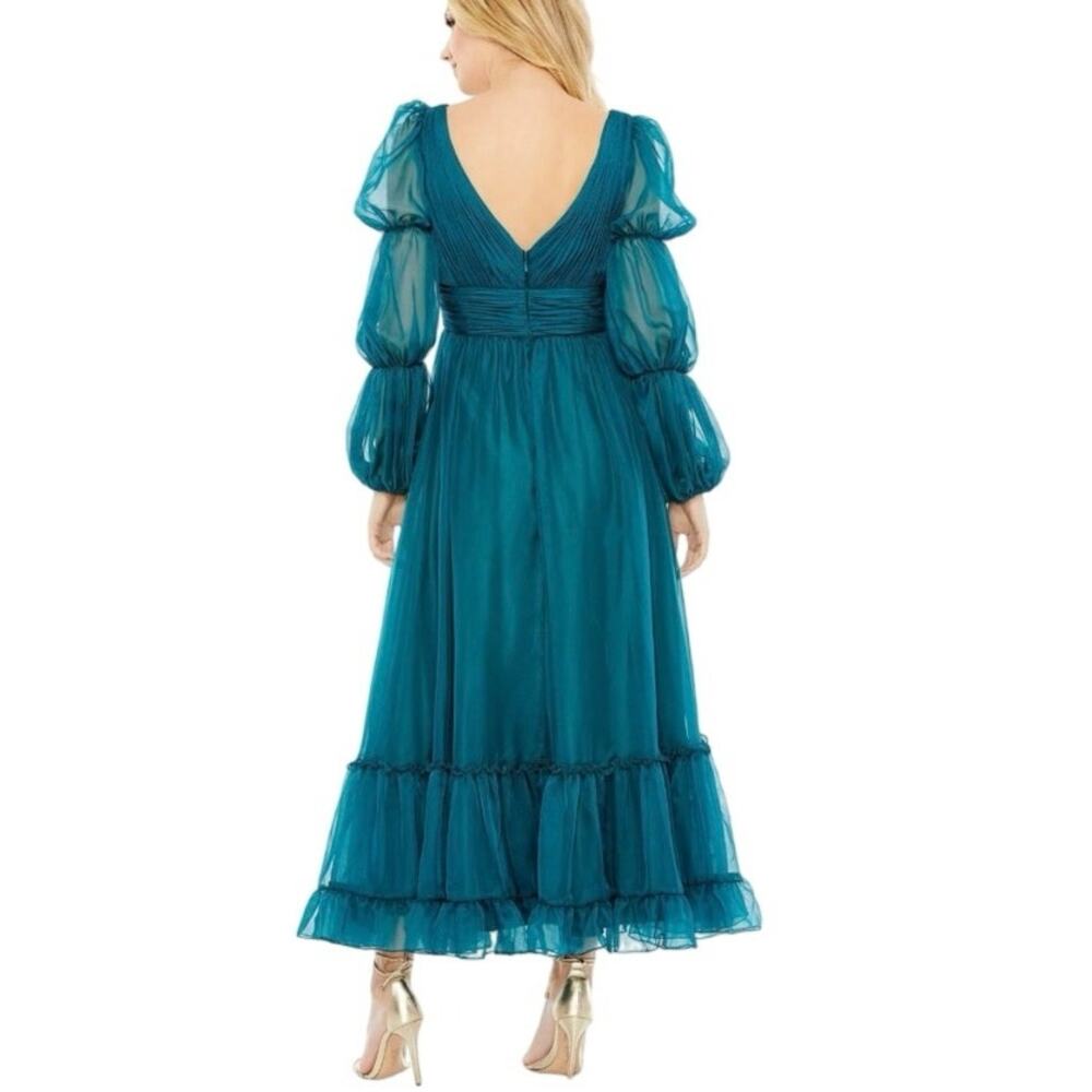 Mac Duggal Teal V-Neck Puff Sleeve Midi Dress - Picture 2 of 12